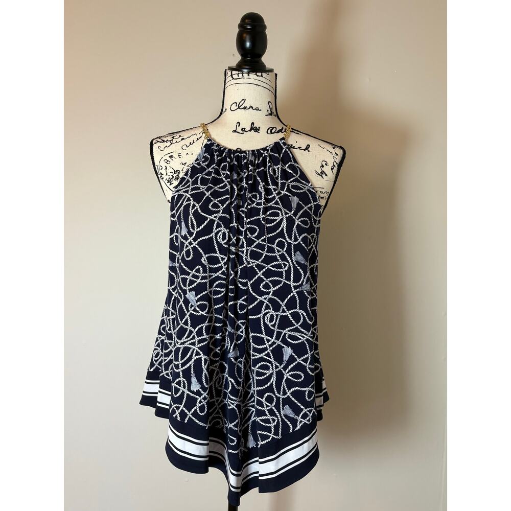 Michael Kors Nautical Rope Bandana Halter Top w/ Gold Chain Strap Navy & White L